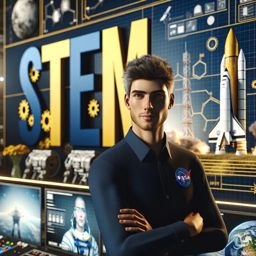 acrônimo stem ao fundo e engenheiro no escritório com emblema nasa